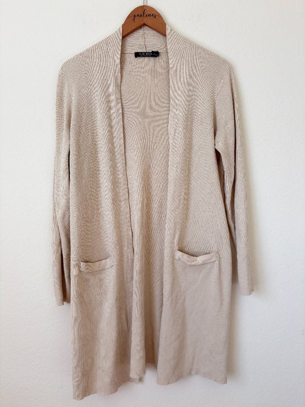Ralph Lauren Sweater Womens Large Beige Open Front Rib Knit Cardigan Duster L